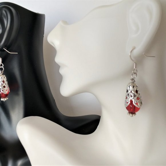 Handmade Red and Silver Filigree Beaded Earrings On Silver Tone Fishhooks 1.75in - Picture 1 of 14